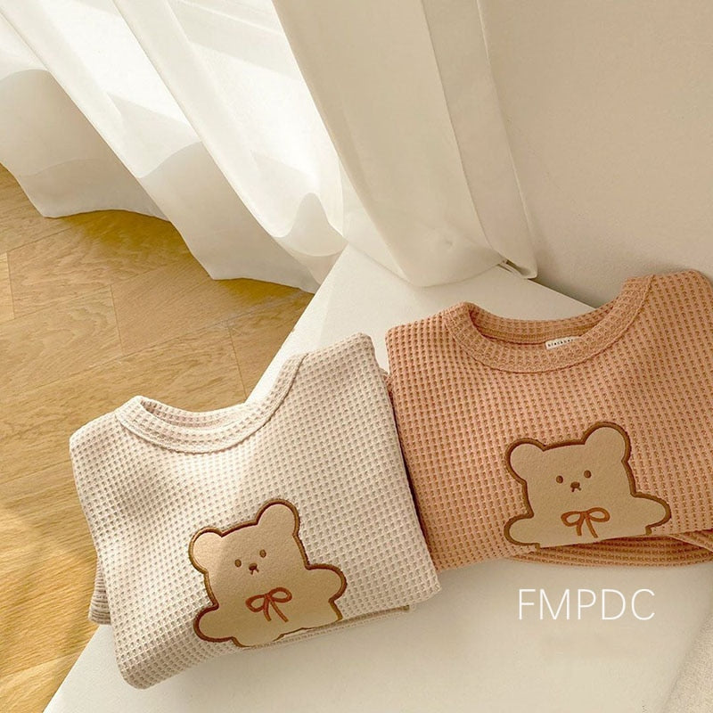 Children Casual Clothes Set Boys Girls Bear Sweatshirt + Pants 2pcs Suit Solid Color Cotton Kids Baby Outfits