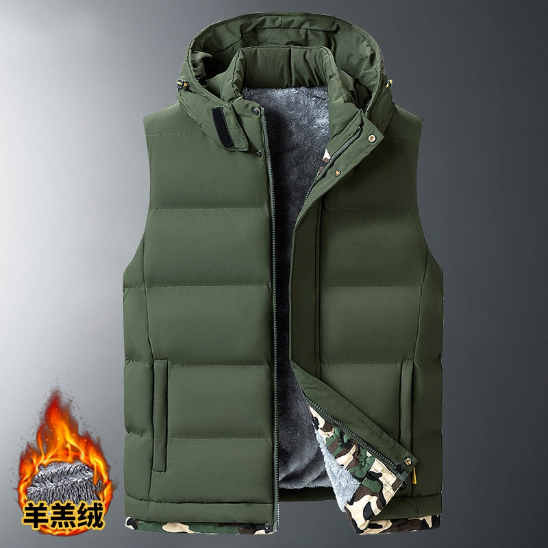 Fleece Liner Sleeveless Jacket Men Thicken Cotton Vest Hat Hooded Warm Winter Plus Size Casual Waistcoat