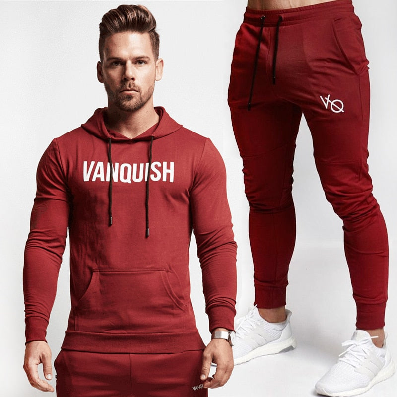 Men Cotton Pullover Hoodie Sweatpants Two Piece Jogger Gym Running Training Sportswear Men Clothing