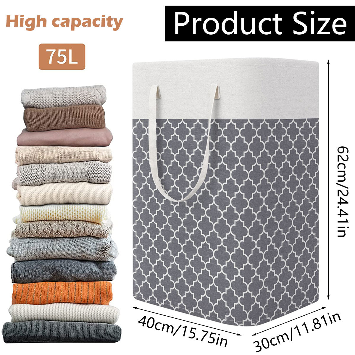 75/82L Large Capacity Laundry Basket Collapsible Laundry Storage Basket Waterproof Cotton Linen Laundry Hamper with Handles