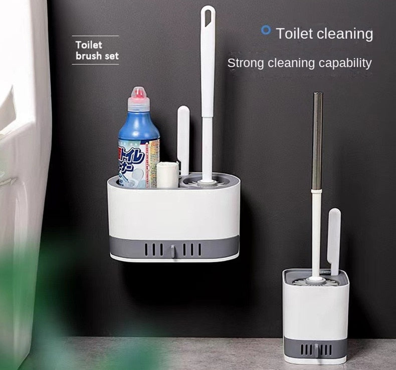 Toilet Brush Silicone Free Wall Mounted Multi-functional Three Piece Cleaning Tools with Bracket