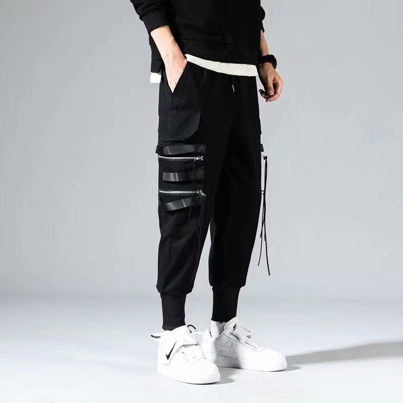 Hip Hop Streetwear Casual Men Ribbons Harem Jogging Pants Male Slim Fit Techwear Pockets Trousers