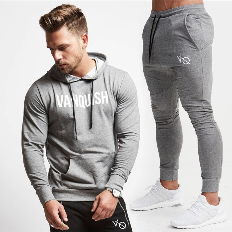 Men Cotton Pullover Hoodie Sweatpants Two Piece Jogger Gym Running Training Sportswear Men Clothing