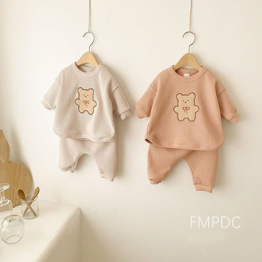 Children Casual Clothes Set Boys Girls Bear Sweatshirt + Pants 2pcs Suit Solid Color Cotton Kids Baby Outfits