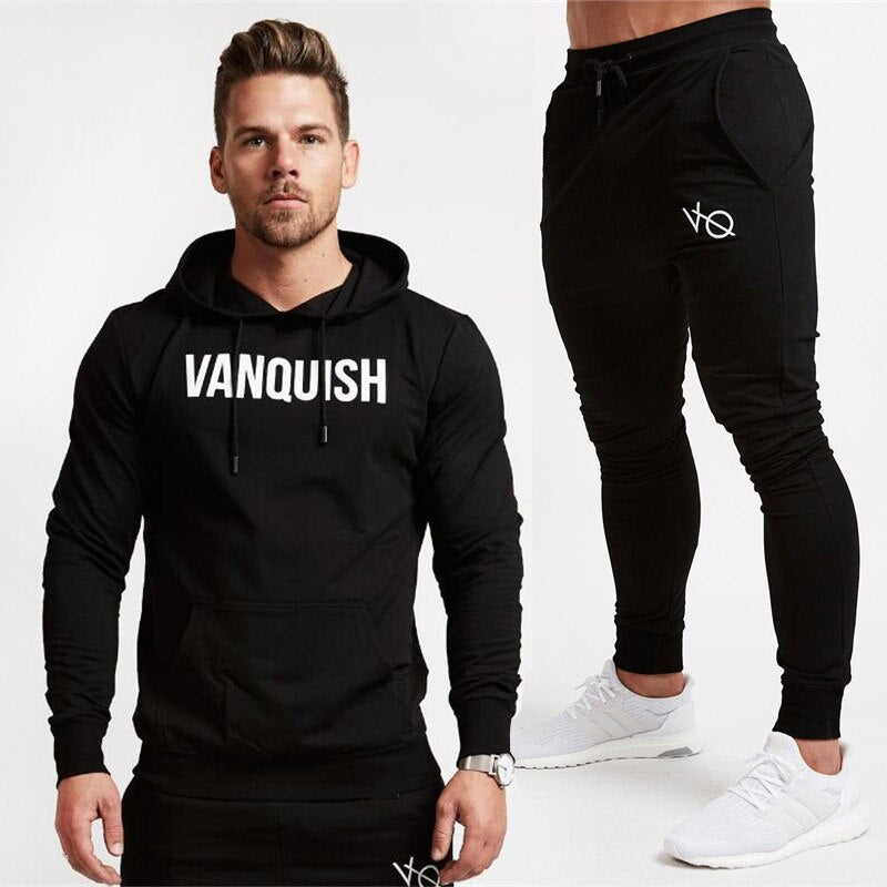 Men Cotton Pullover Hoodie Sweatpants Two Piece Jogger Gym Running Training Sportswear Men Clothing