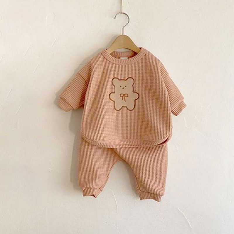 Children Casual Clothes Set Boys Girls Bear Sweatshirt + Pants 2pcs Suit Solid Color Cotton Kids Baby Outfits