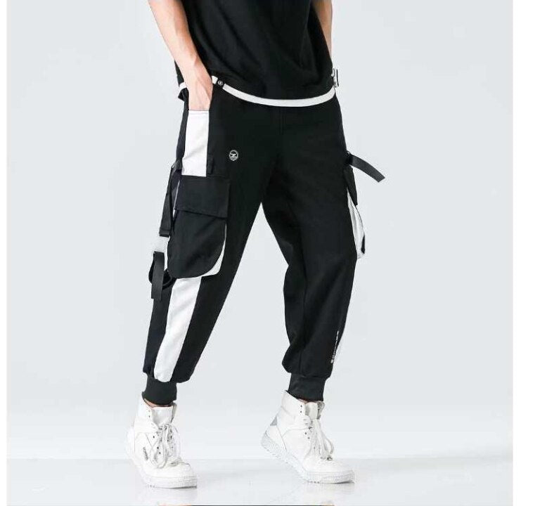 Hip Hop Streetwear Casual Men Ribbons Harem Jogging Pants Male Slim Fit Techwear Pockets Trousers