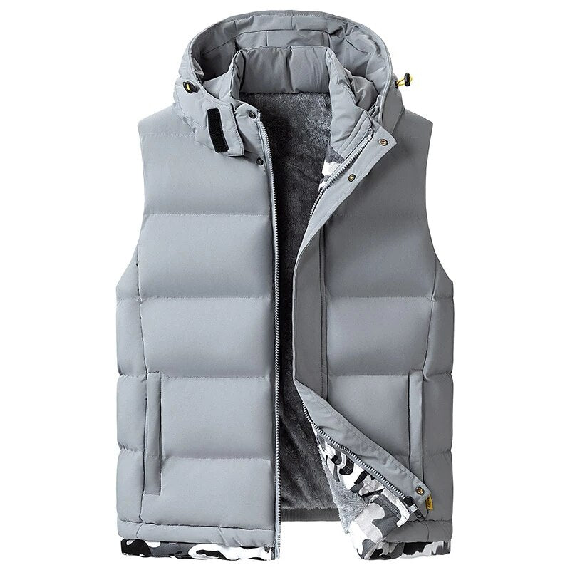 Fleece Liner Sleeveless Jacket Men Thicken Cotton Vest Hat Hooded Warm Winter Plus Size Casual Waistcoat