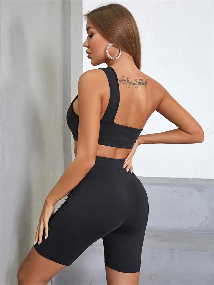 Casual Sporty 2 Piece Set Women Solid Simple Inclined Shoulder Hole Sleeveless