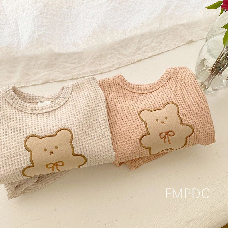 Children Casual Clothes Set Boys Girls Bear Sweatshirt + Pants 2pcs Suit Solid Color Cotton Kids Baby Outfits