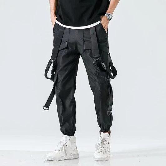 Hip Hop Streetwear Casual Men Ribbons Harem Jogging Pants Male Slim Fit Techwear Pockets Trousers