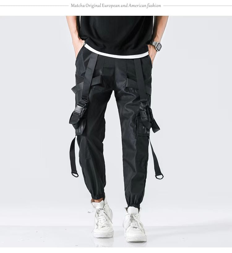 Hip Hop Streetwear Casual Men Ribbons Harem Jogging Pants Male Slim Fit Techwear Pockets Trousers