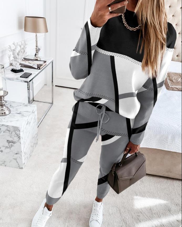 Two Piece Casual Geometric Print Long Sleeve O-neck Top Pullover &amp; Fashion