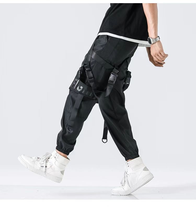 Hip Hop Streetwear Casual Men Ribbons Harem Jogging Pants Male Slim Fit Techwear Pockets Trousers