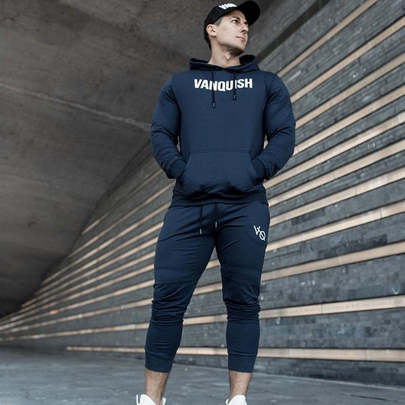 Men Cotton Pullover Hoodie Sweatpants Two Piece Jogger Gym Running Training Sportswear Men Clothing