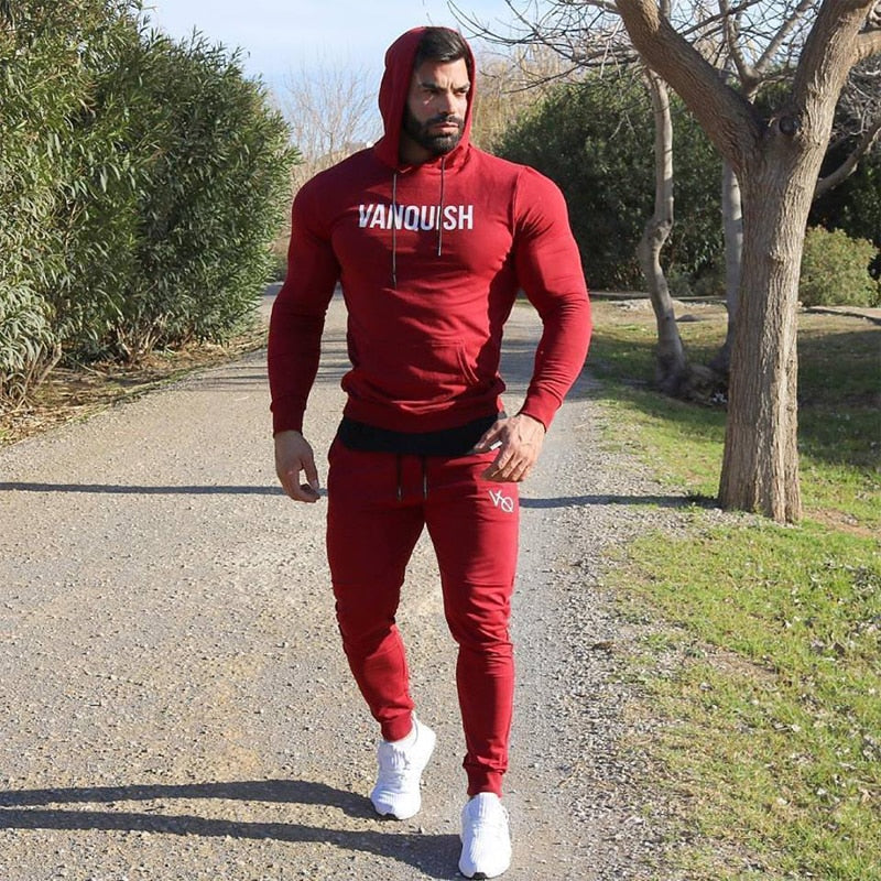 Mans Katoen Pullover Hoodie Sweatbroek Twee stuk Jogger Gym Hardloop Training Sportklere Mansklere