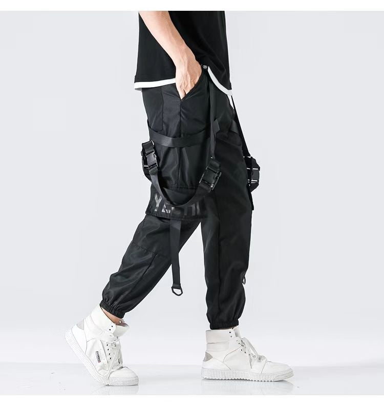 Hip Hop Streetwear Casual Men Ribbons Harem Jogging Pants Male Slim Fit Techwear Pockets Trousers