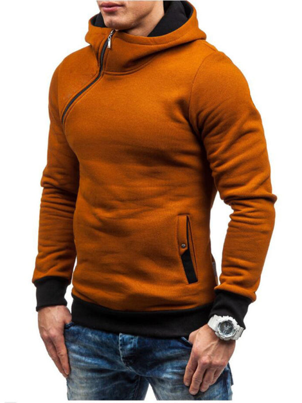 Men's diagonal zipper solid color long-sleeved hoodie