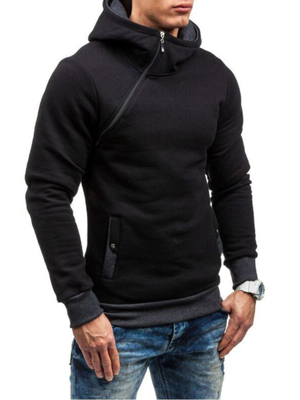 Men's diagonal zipper solid color long-sleeved hoodie