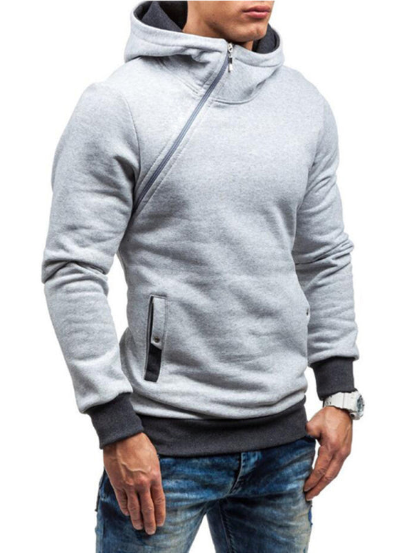 Men's diagonal zipper solid color long-sleeved hoodie