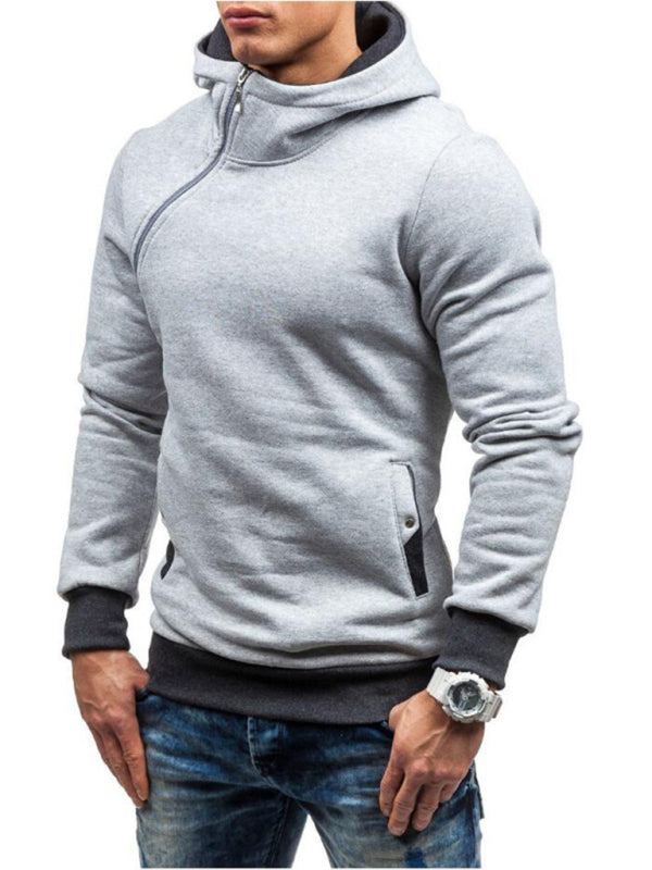 Men's diagonal zipper solid color long-sleeved hoodie