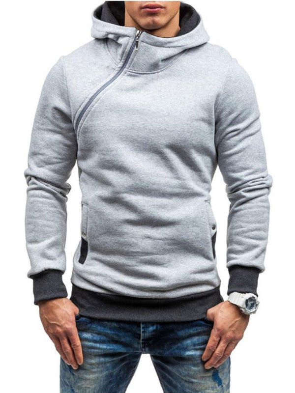 Men's diagonal zipper solid color long-sleeved hoodie